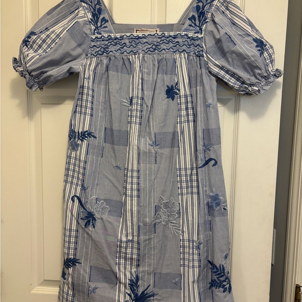 Johnny Was Blue and White Smocked Puff Sleeve Dress